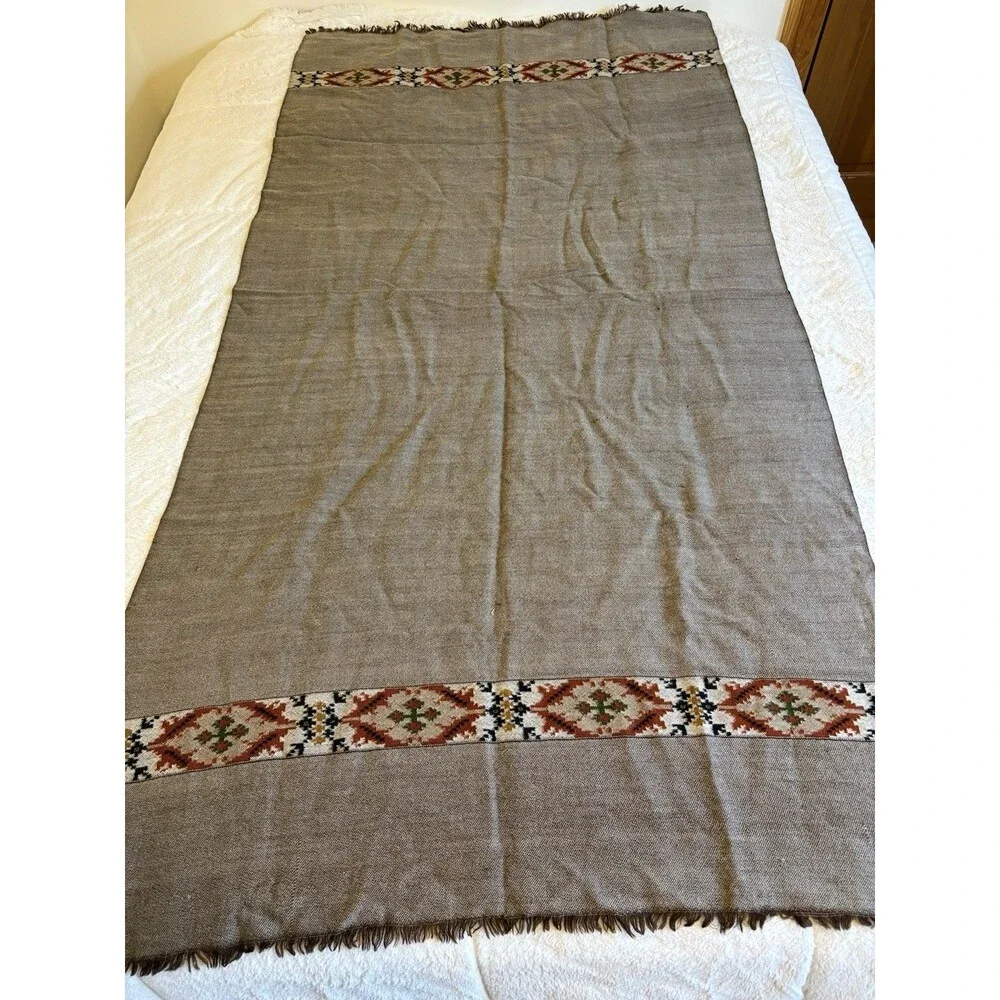 Sanskriti Vintage Long Pure Woollen Brown Woven Kullu Shawl Scarf Throw Stole